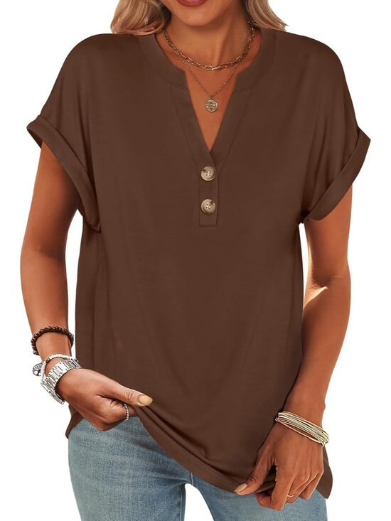 Tops - Women's Coffee Summer Short Sleeves Henley V Neck Comfortable Trendy Tee Shirts